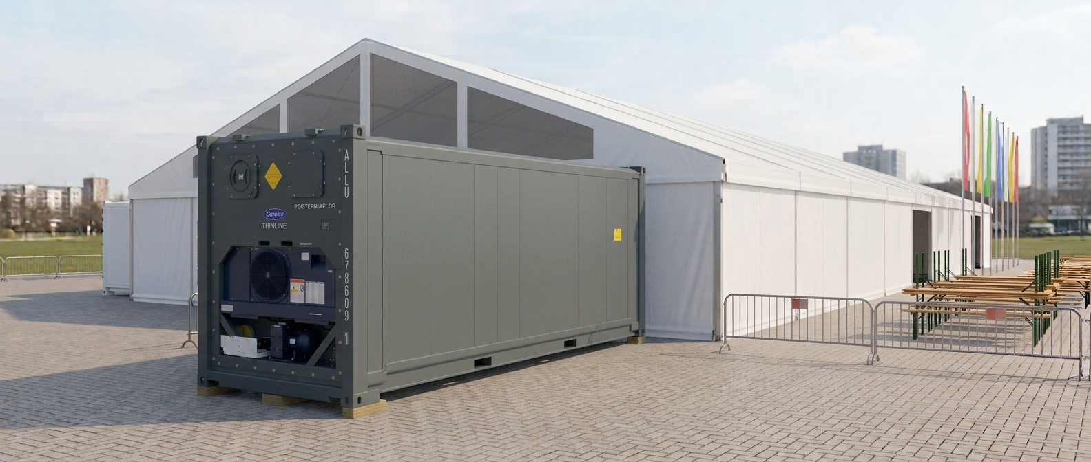 Grauer 20-Fuß Kühlcontainer auf einem gepflasterten Veranstaltungsgelände vor einem großen weißen Festzelt und unbesetzten Bierzeltgarnituren.